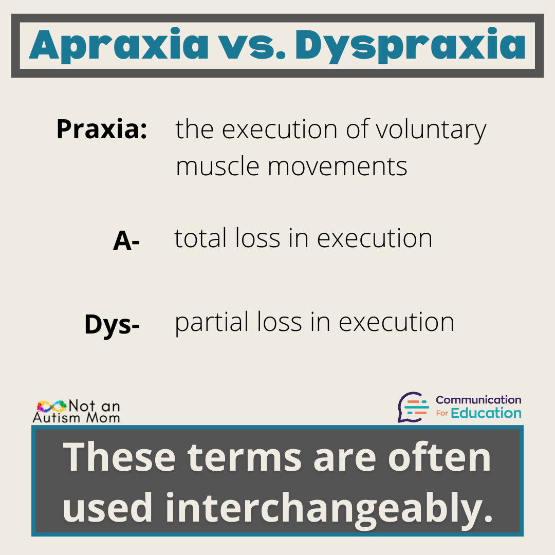 Apraxia vs. Dyspraxia
Praxia: the execution of voluntary muscle movements
A: total loss in execution
Dys: partial loss in execution
These terms are often used interchangeably.